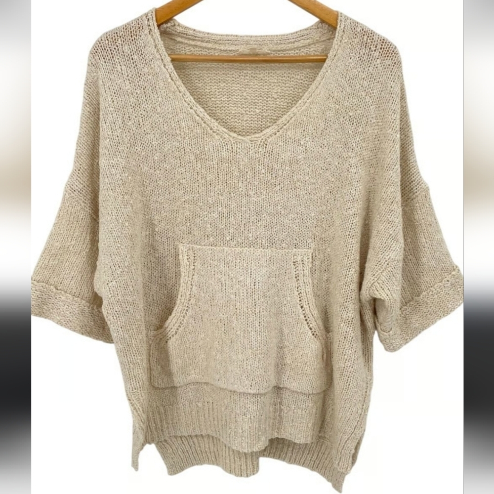 easel Oversized V-Neck Knit Sweater in Beige
